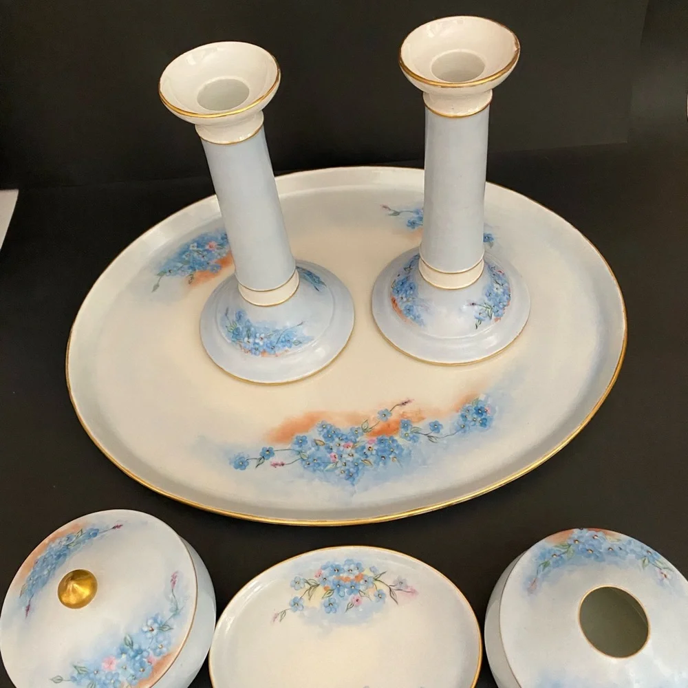 Vintage Haviland NV Hand Painted Dresser Set Of 6 Vanity Tray Porcelain Limoges